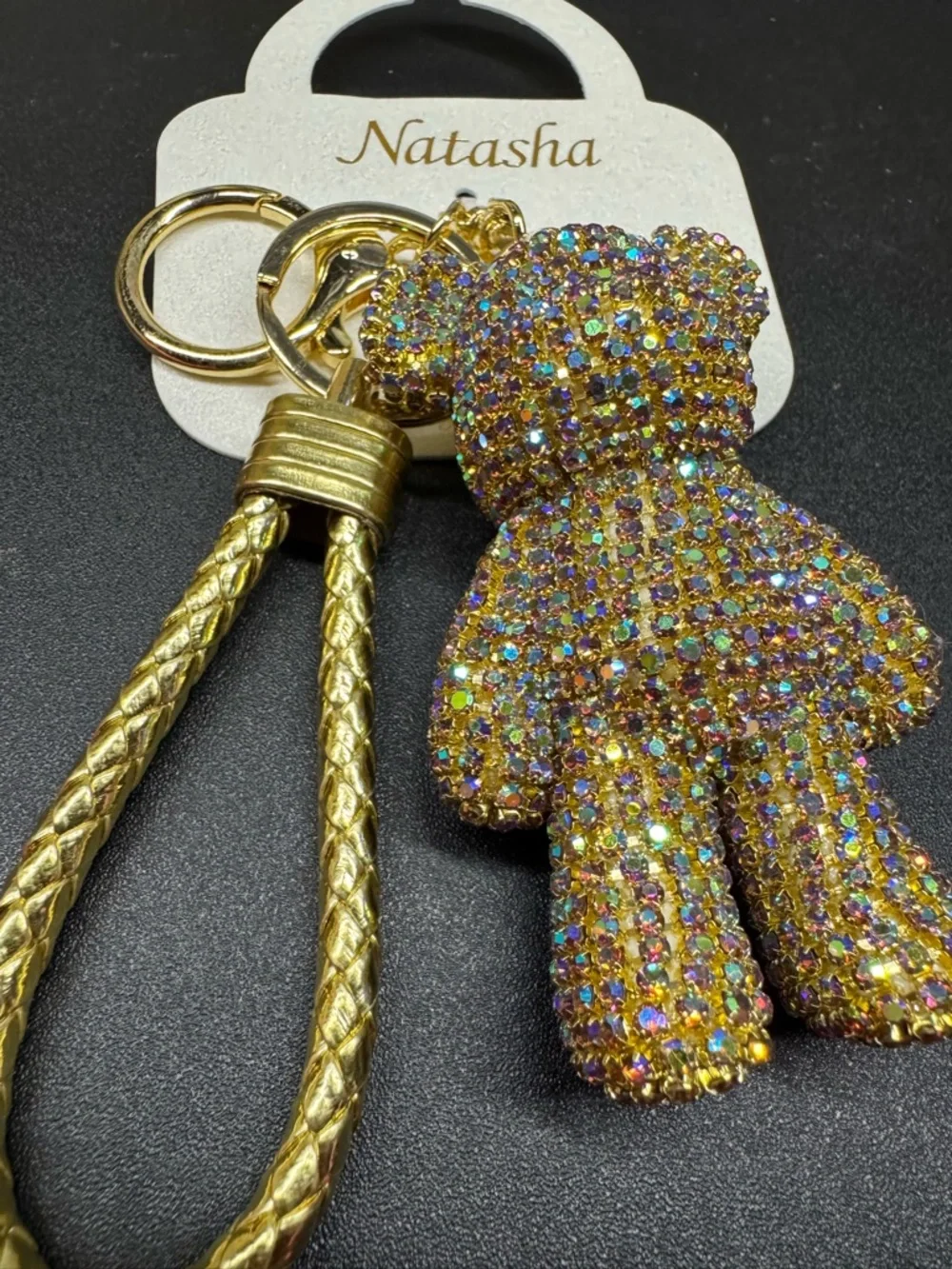 Natasha Gold Rhinestone Teddy Bear Bag Charm Keychain Sparkle NWT - Picture 3 of 5